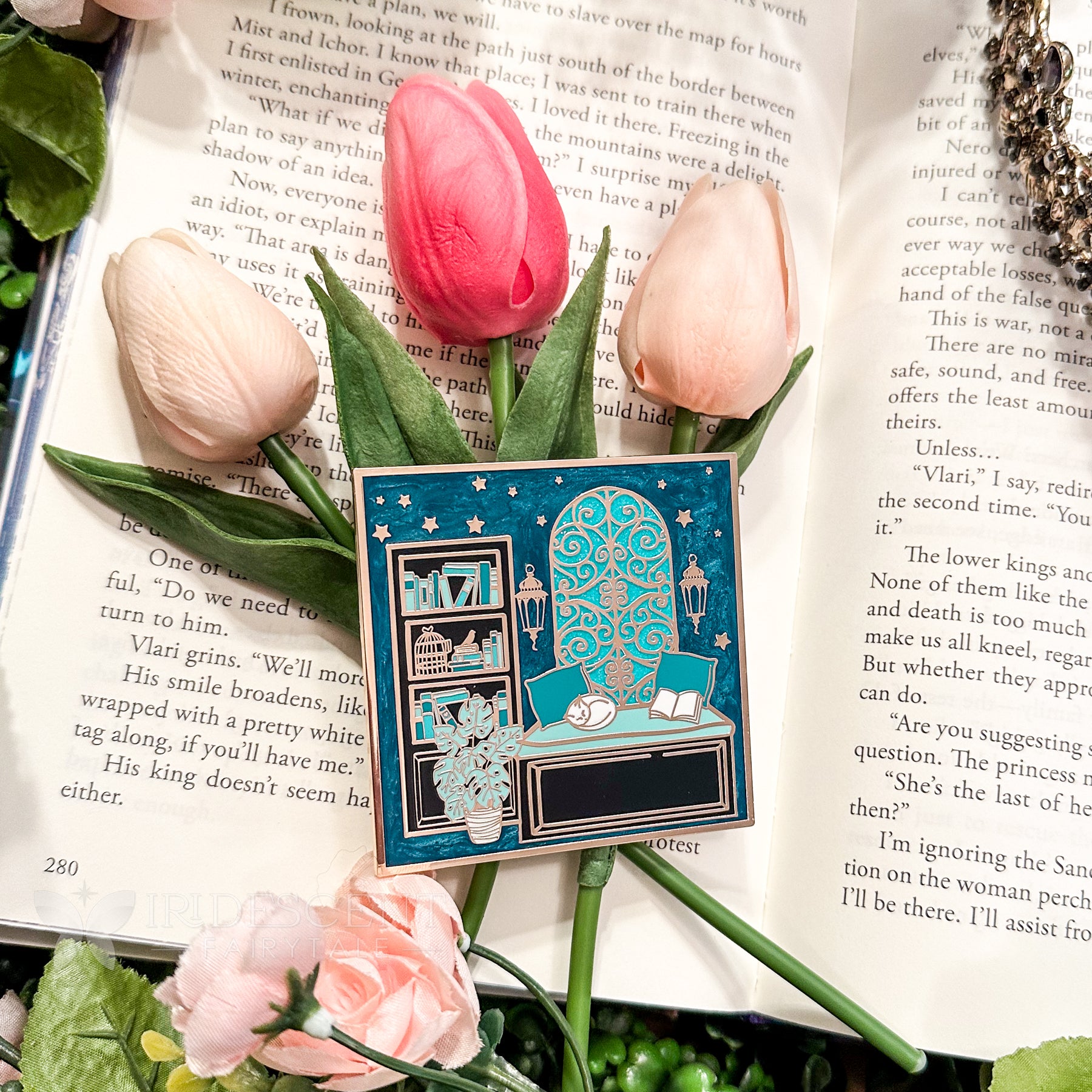 Library Gold Pin Dreamy Library Enamel Rose Gold Metal Pin – Iridescent Fairytale